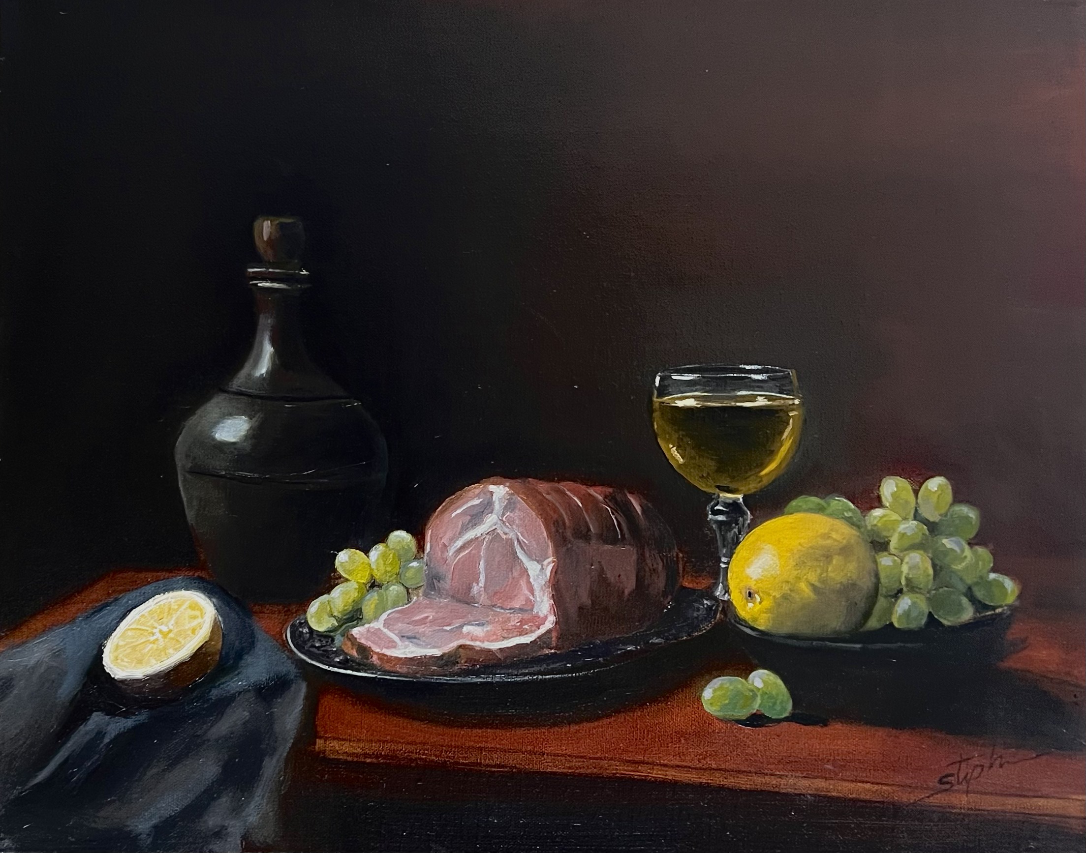 Stilleven met Ham, Druiven en Citroen
