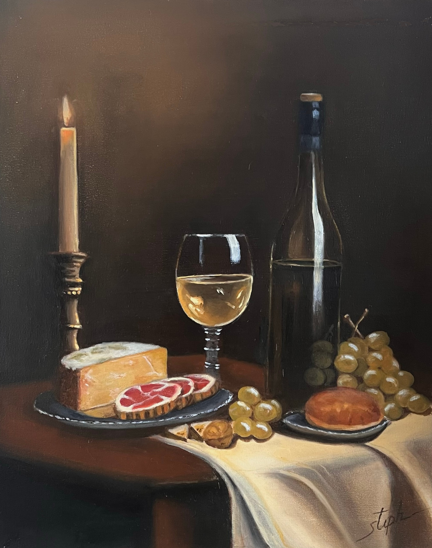 Stilleven met Kaas, Wijn en Druiven